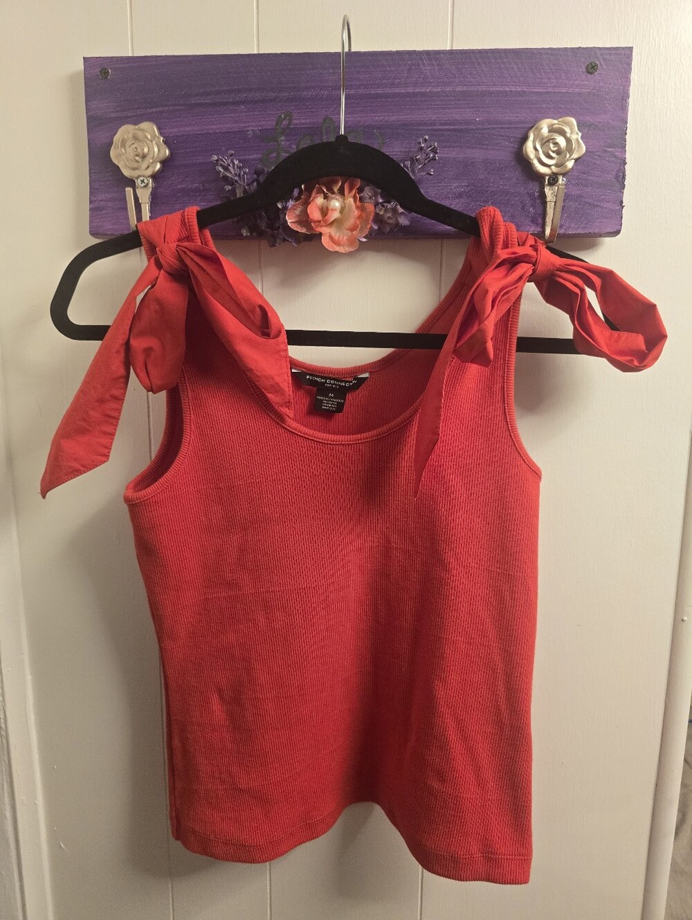 French Connection Ribbed Bow Shoulder Tank Top Red Size Medium